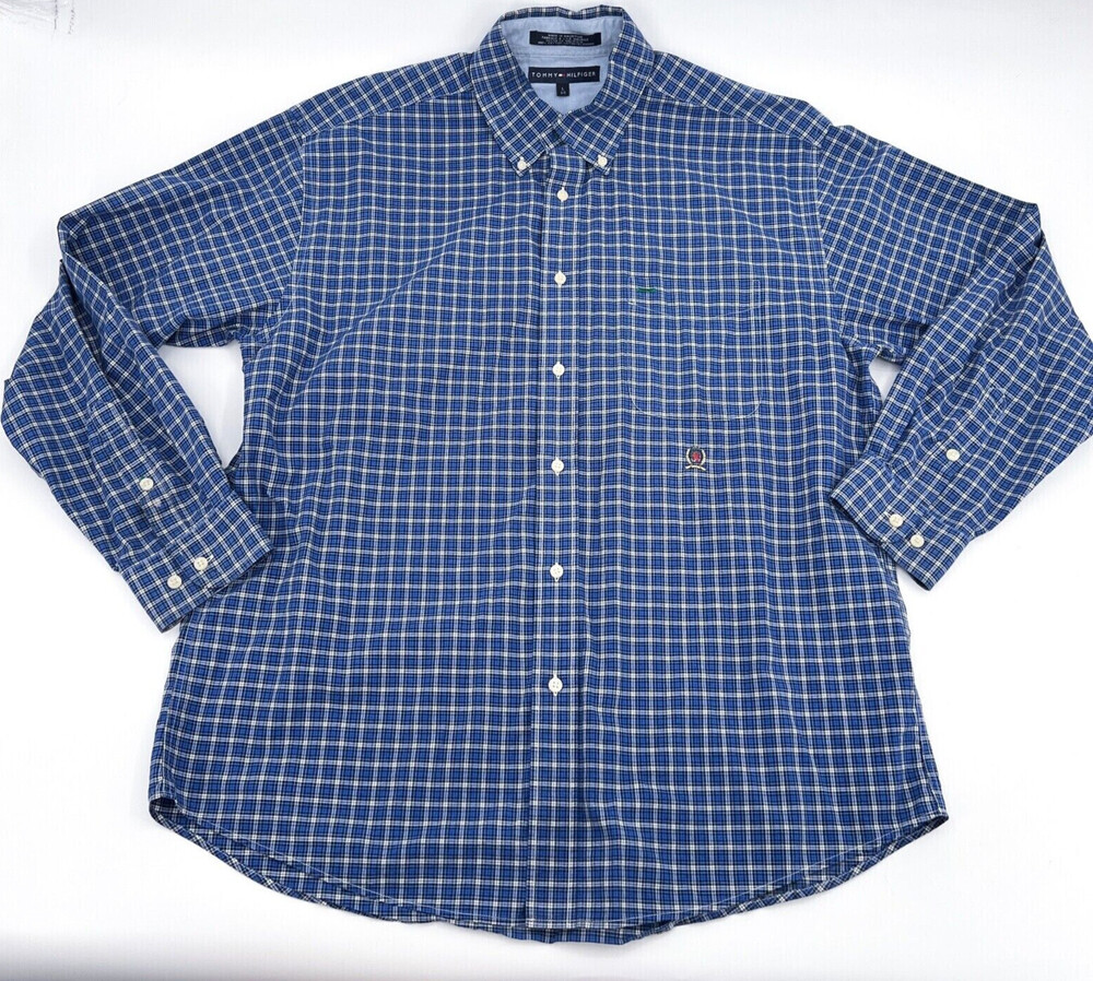 Tommy Hilfiger Shirt Mens Large Blue Plaid Button Down Long Sleeve Cotton *